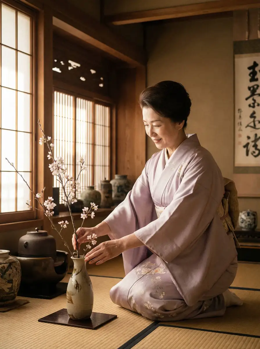 一位优雅的 彩神通娱乐 在和室中插花